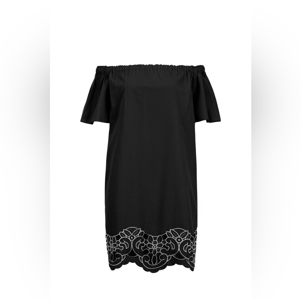 Pinko Gigante Dress- Floral Black Shift Mini Off-Shoulder Flutter Sleeve